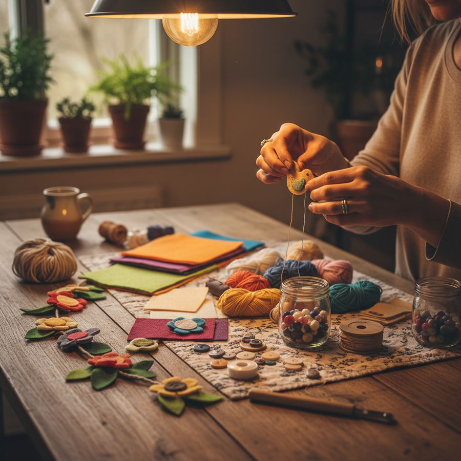 Craft supplies and a cup of coffee on a sunny kitchen table