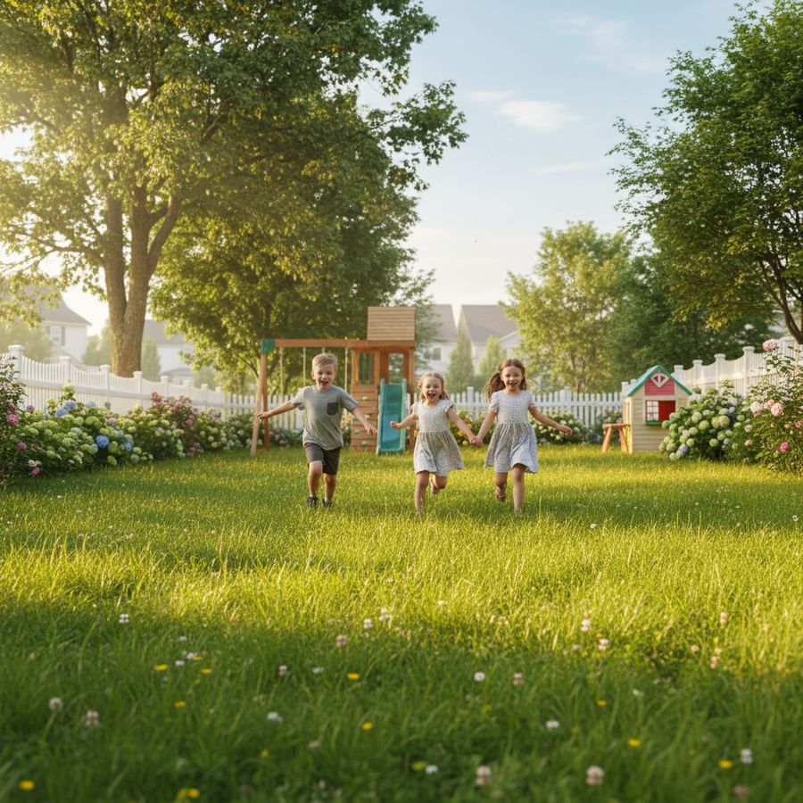 Kids running through a homemade backyard obstacle course on a sunny day