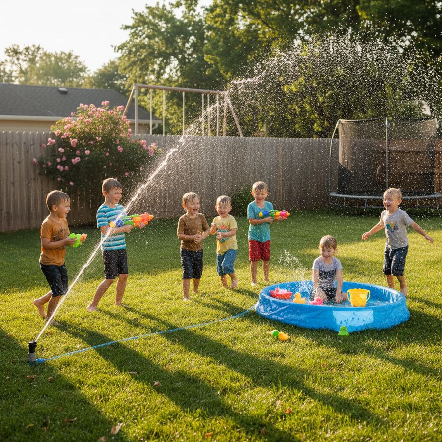 Children playing with water buckets and sponges in the backyard