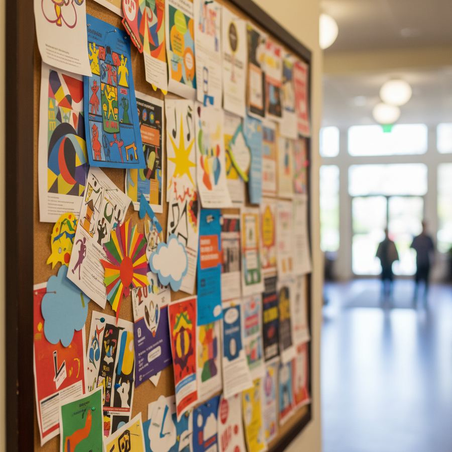 Community bulletin board covered in posters for local family events