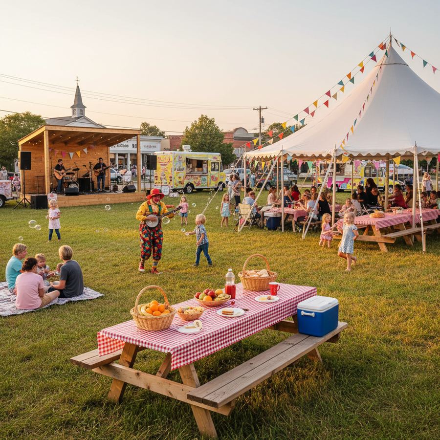 Families gathered at an outdoor community event with kids playing