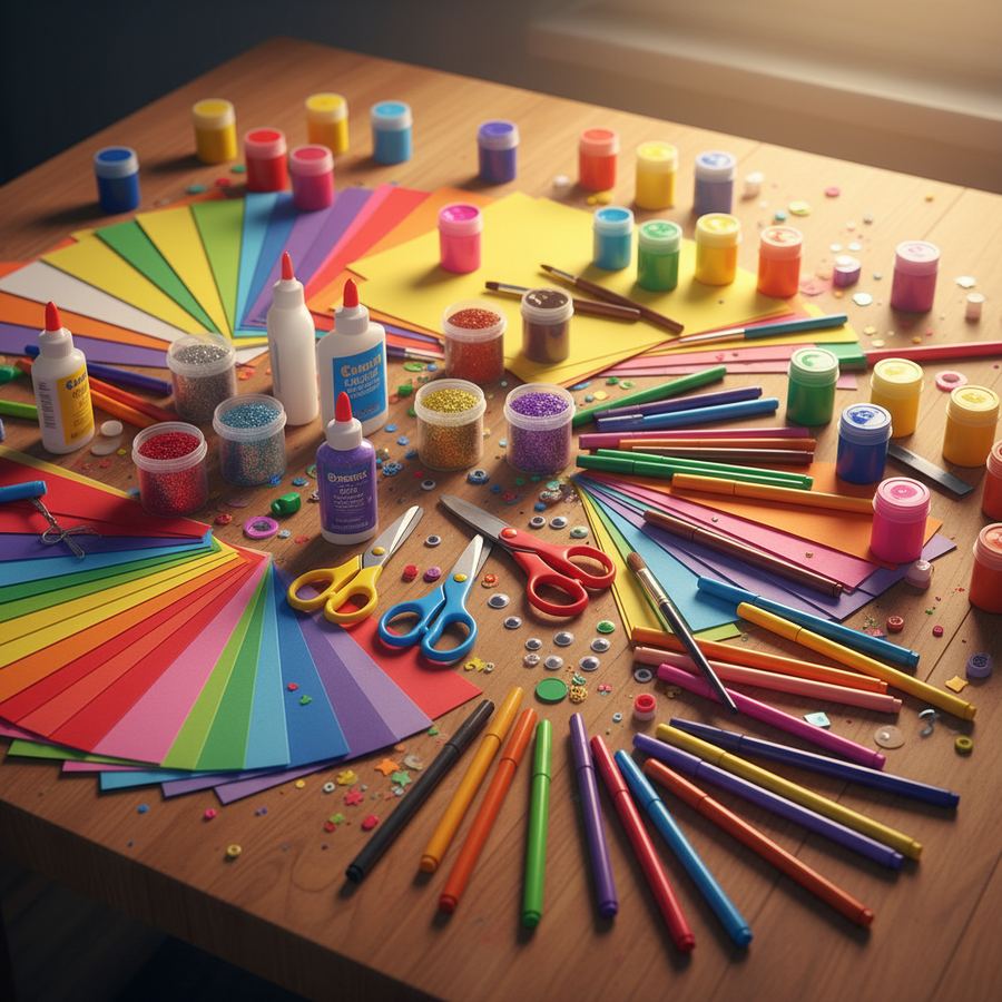 Colorful craft supplies spread across a kitchen table