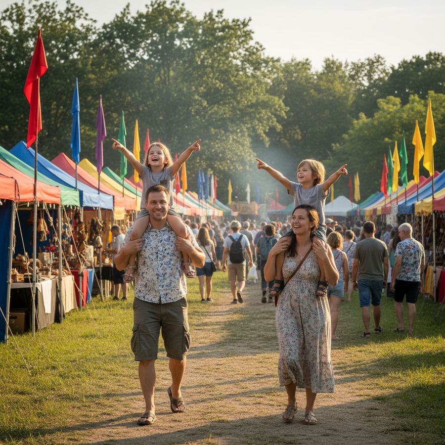 Families walking through booths at a local community festival