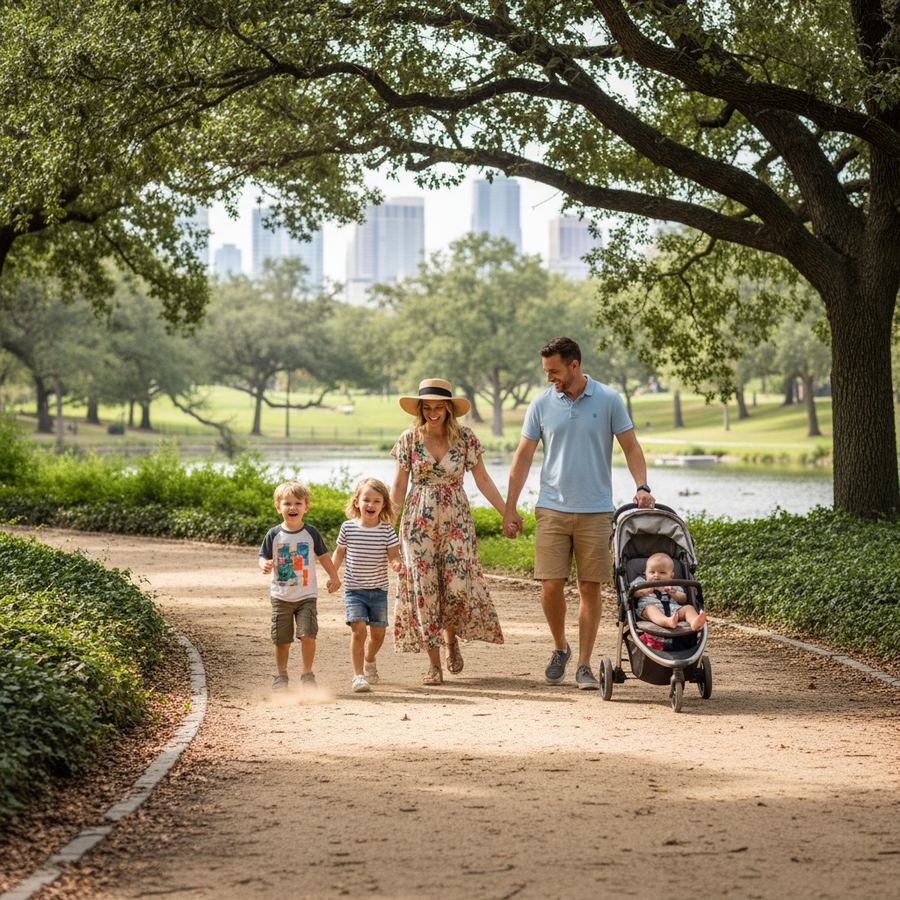 Family walking together on a trail through the trees