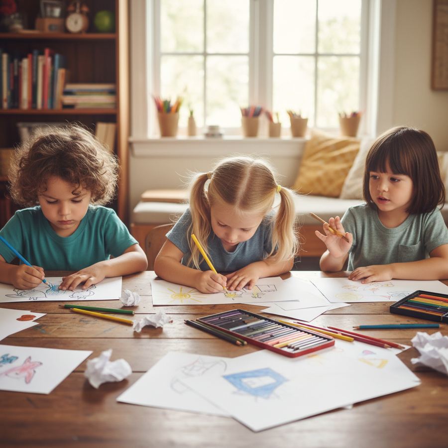 Kids playing together with simple household items spread across a table