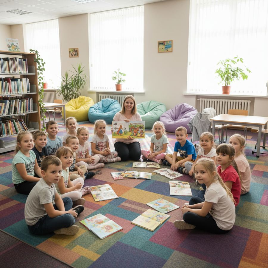 Children gathered for a story time session at a public library