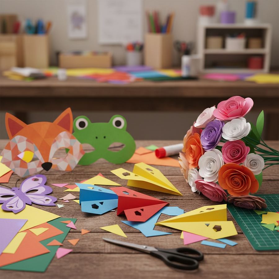 Colorful paper animals and masks on a table