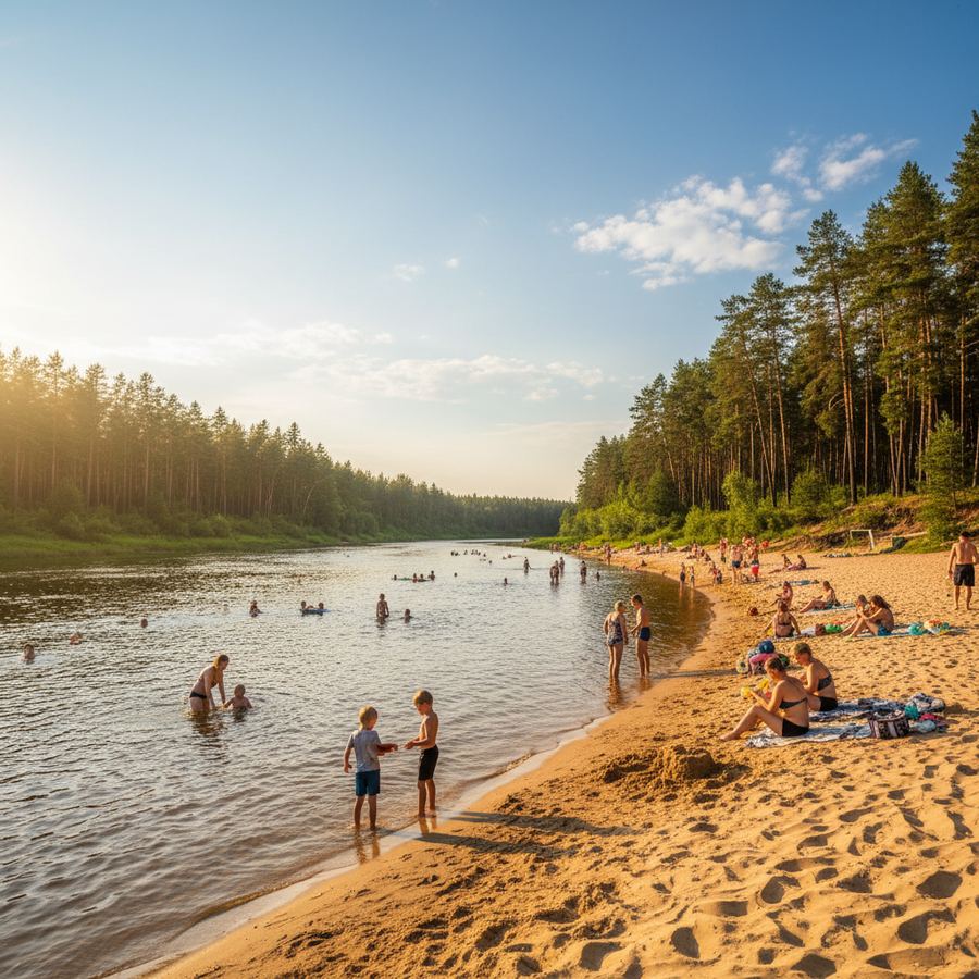 Sandy beach along the Ottawa River in Petawawa with families enjoying a summer day