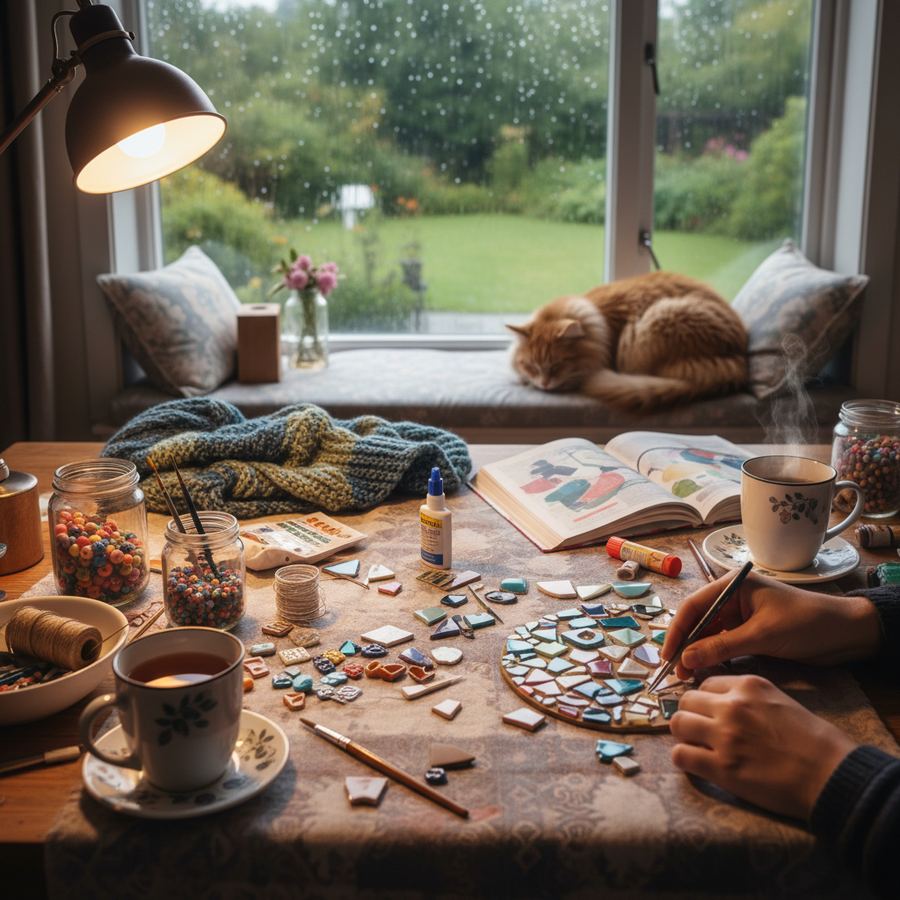 Kids crafting at a table by a rainy window