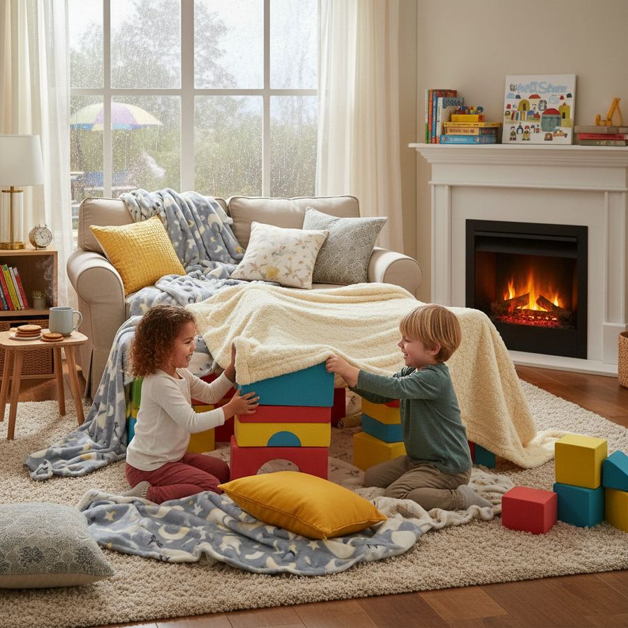 Child building a structure out of cardboard boxes and tape