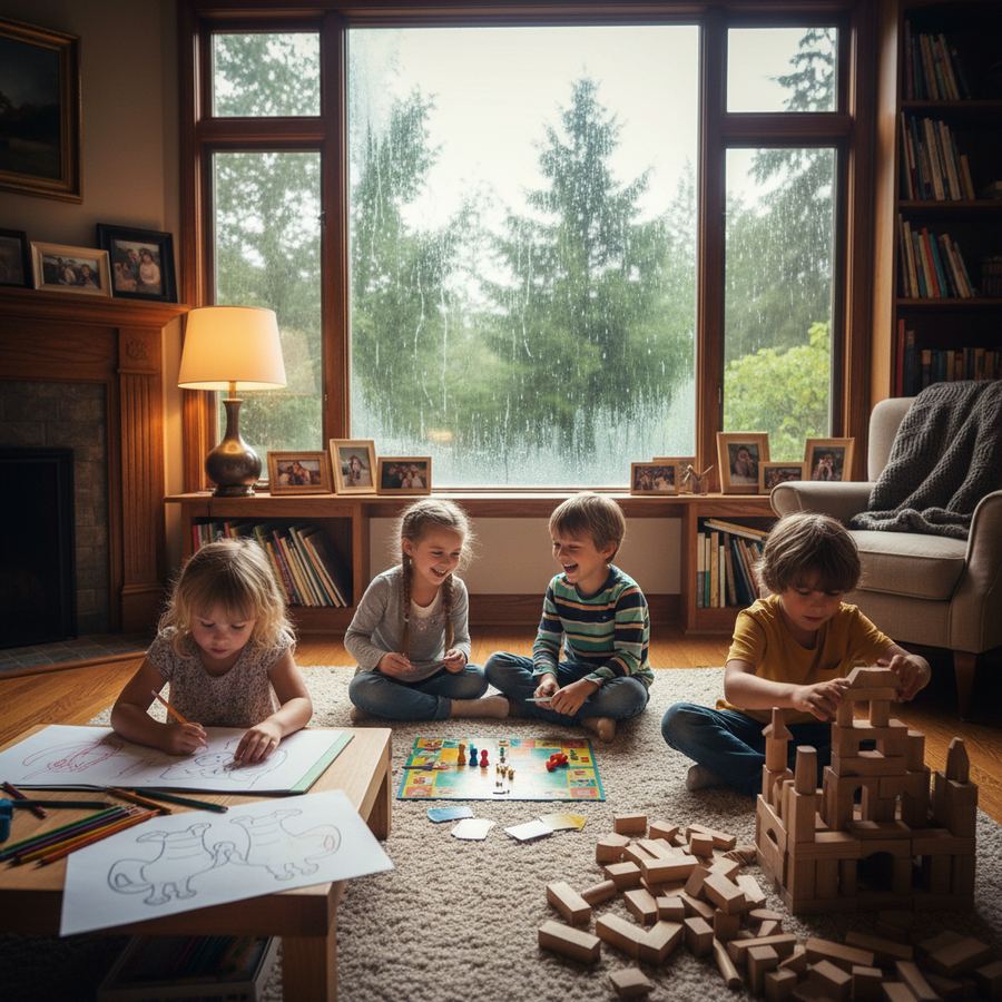 Children doing indoor activities on a rainy day with blankets and art supplies