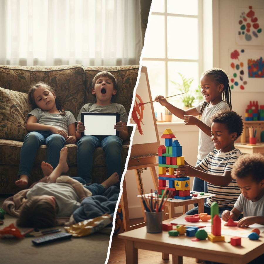 Kids building a blanket fort in the living room