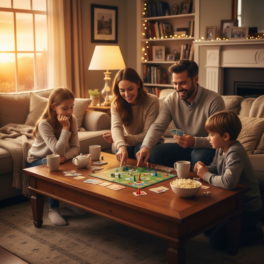 Family sitting together on a porch watching a sunset in the evening